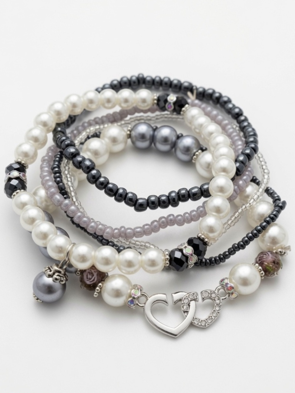 Black, Grey & Pearl Multi-Strand Elastic Bracelet